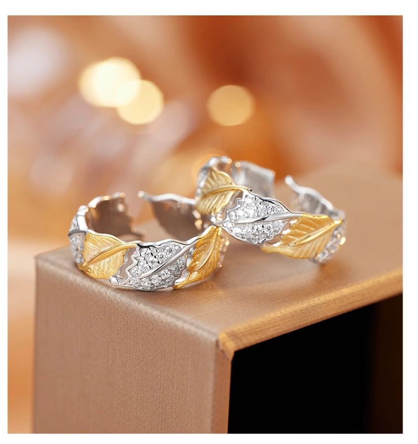18K Gold Plated White Gold Plated 925 Sterling Silver Zircon Irregular Leaves Open Rings 925 Sterling Silver Rings