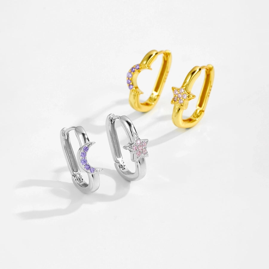1 Pair 18K Gold Plated White Gold Plated 925 Sterling Silver Zircon 925 Sterling Silver Earrings Star Moon Earrings