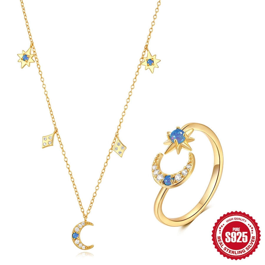 S925 Sterling Silver Star Moon Inlaid Opal Twin Necklace Adjustable Ring Suit   Hot Sale Jewelry