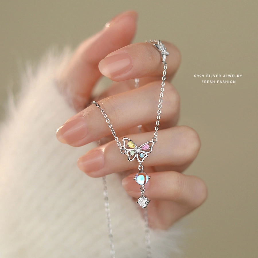 S999 Silver Artificial Moonstone Zircon cable chain Plating Butterfly Pendant Necklace