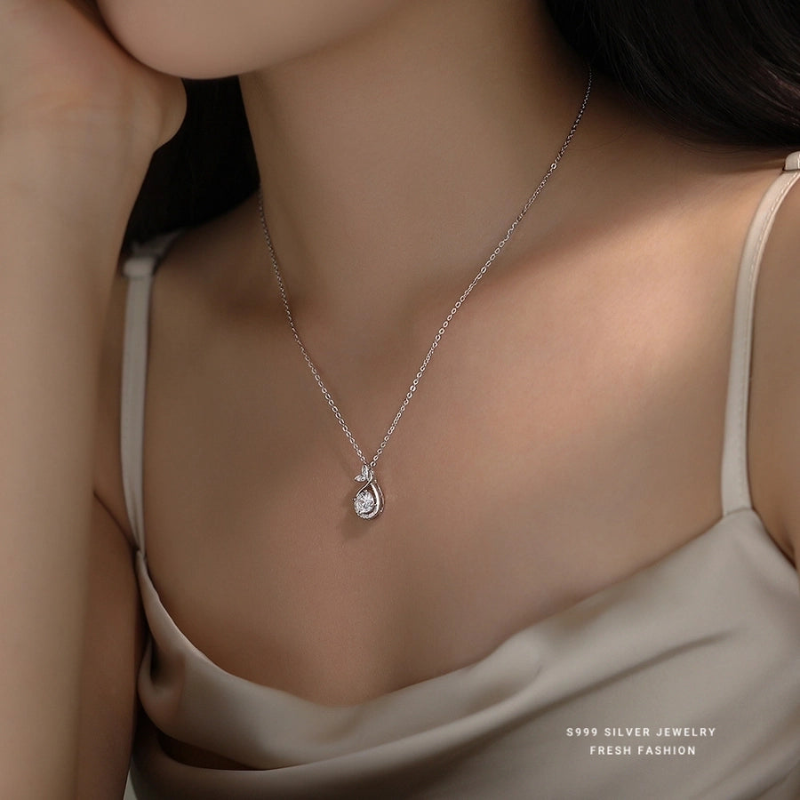 S999 Silver Zircon cable chain Plating Fish Tail Pendant Necklace