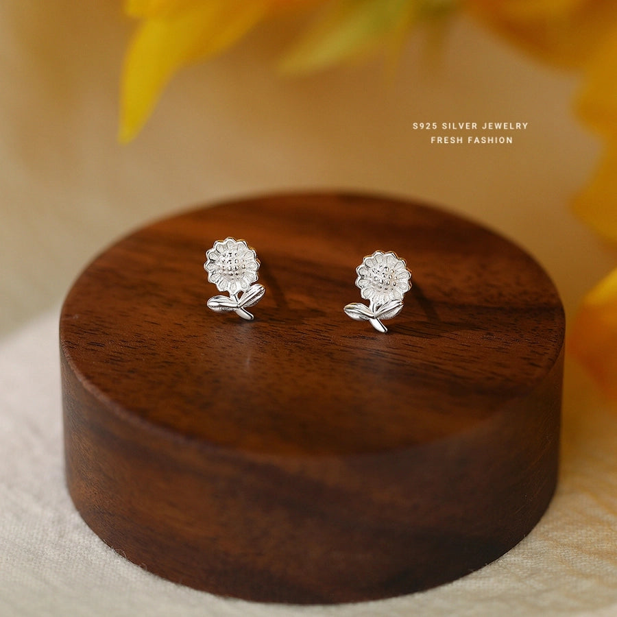 1 Pair 925 Sterling Silver 925 Sterling Silver Earrings Sunflower Ear Studs