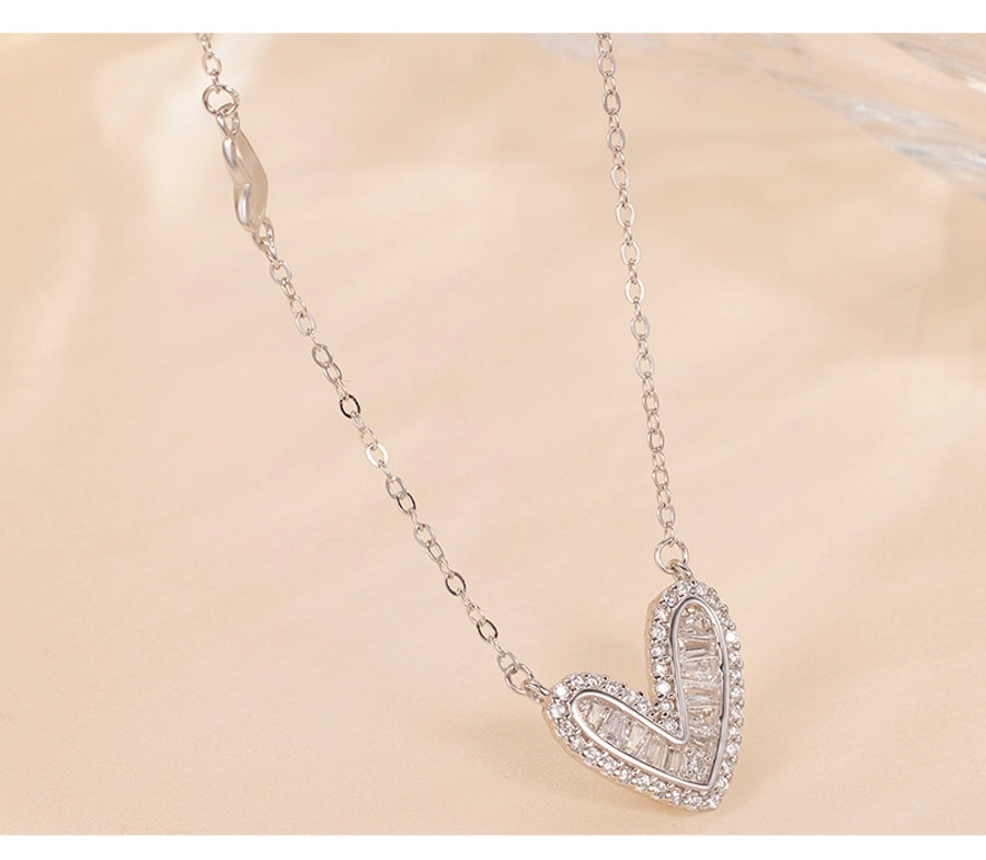 925 Sterling Silver Long-Lasting Plated Zircon cable chain Polishing Heart Shape Pendant Necklace