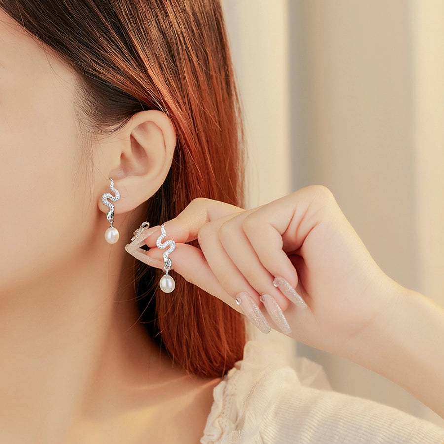 1 Pair 18K Gold Plated White Gold Plated 925 Sterling Silver Pearl Zircon 925 Sterling Silver Earrings Snake Drop Earrings