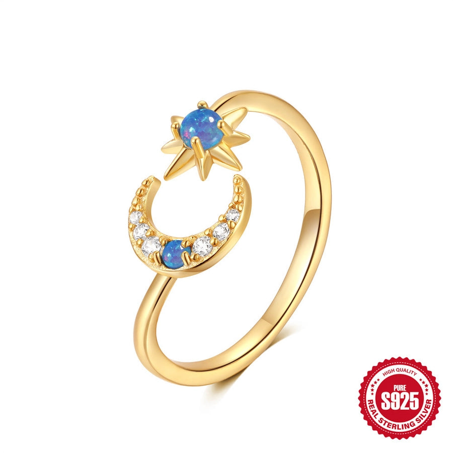 S925 Sterling Silver Star Moon Inlaid Opal Twin Necklace Adjustable Ring Suit   Hot Sale Jewelry