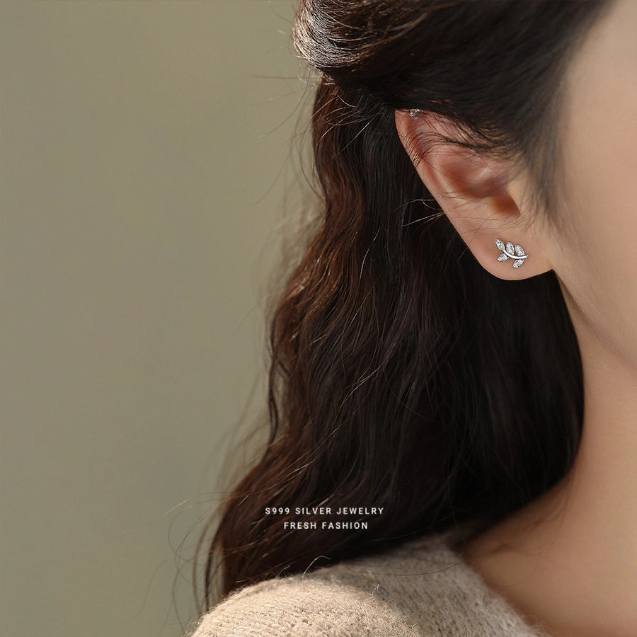 1 Pair S999 Silver Zircon 925 Sterling Silver Earrings Leaves Ear Studs