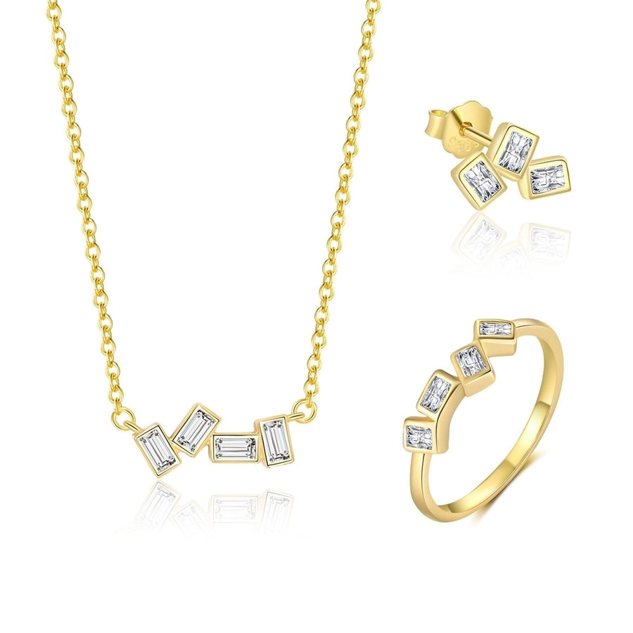 S925 Sterling Silver Square Ear Stud and Ring Necklace Suit Women's Niche High-Grade Light Luxury Zircon French Simplicity