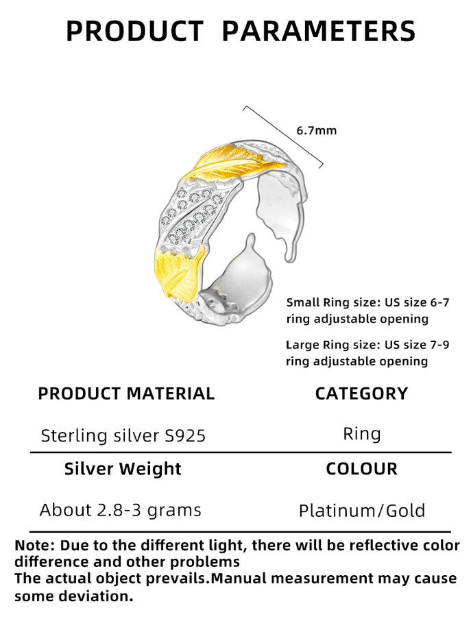 18K Gold Plated White Gold Plated 925 Sterling Silver Zircon Irregular Leaves Open Rings 925 Sterling Silver Rings