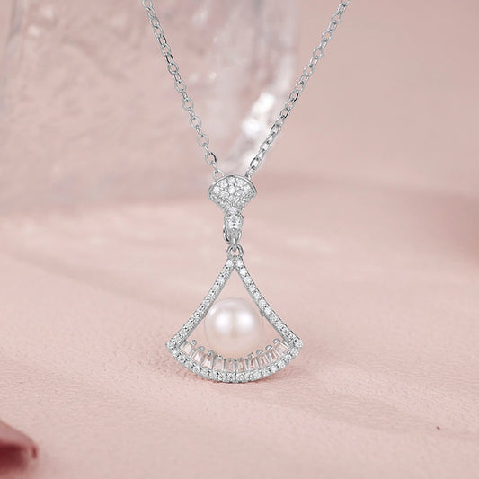 925 Sterling Silver Long-Lasting Plated Pearl Zircon cable chain Polishing Plating Inlay Geometric Sector Pendant Necklace