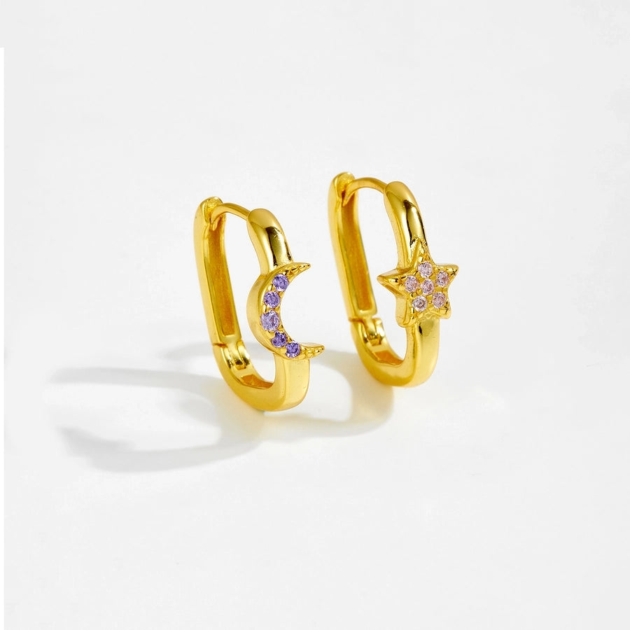 1 Pair 18K Gold Plated White Gold Plated 925 Sterling Silver Zircon 925 Sterling Silver Earrings Star Moon Earrings
