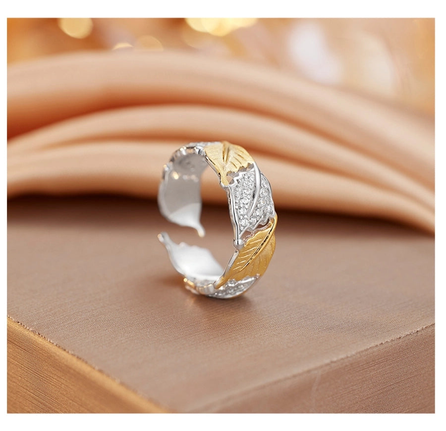 18K Gold Plated White Gold Plated 925 Sterling Silver Zircon Irregular Leaves Open Rings 925 Sterling Silver Rings