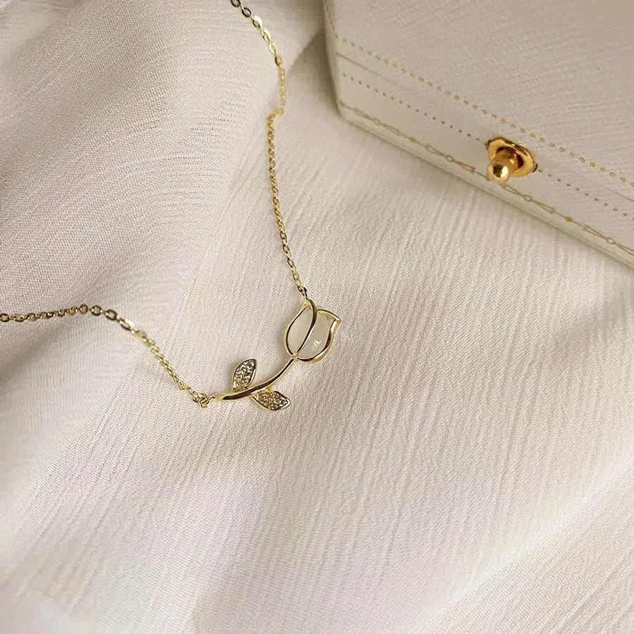 925 Sterling Silver O-shaped chain tulips Pendant Necklace