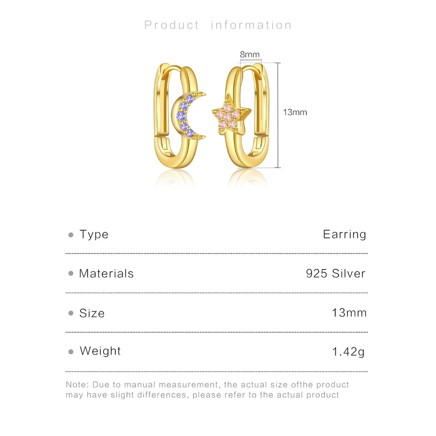 1 Pair 18K Gold Plated White Gold Plated 925 Sterling Silver Zircon 925 Sterling Silver Earrings Star Moon Earrings