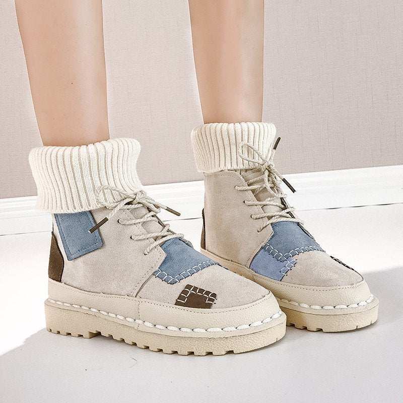 Women's Casual Suede Ankle Fold Unique Style Patchwork Boots