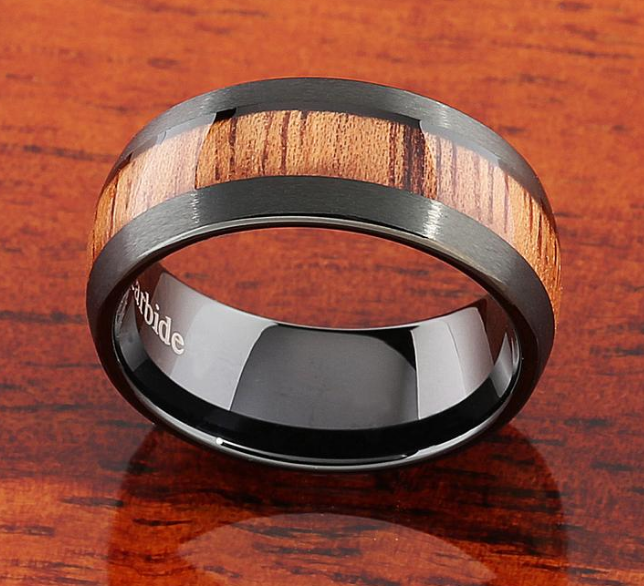 Black Brushed Koa Wood Tungsten Ring