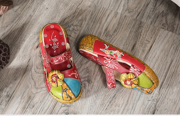 Women's Unique Genuine Leather Handmade Flower Pattern Clog Sandals / Size 5 -11