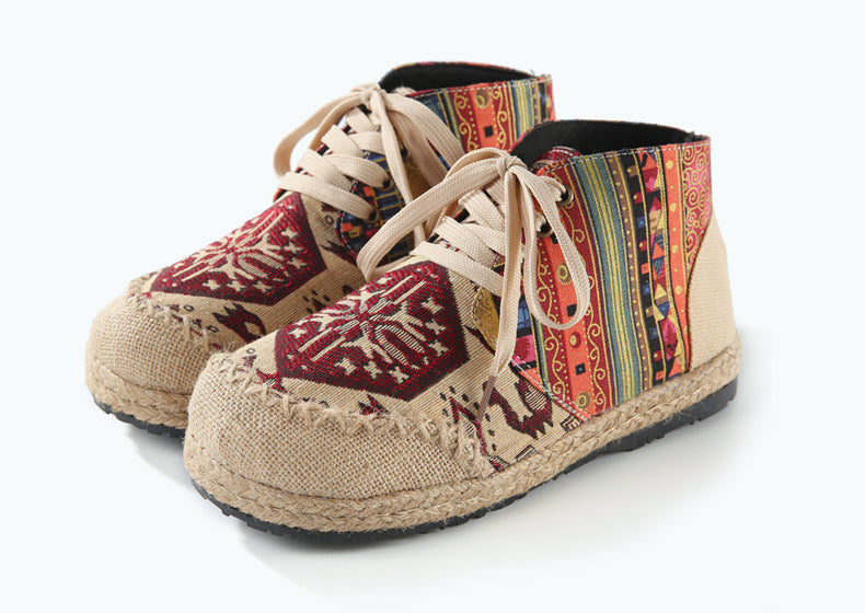 Bohemian Bliss Ankle Booties -  Hand-Made Round Toe Flat Shoes For Women