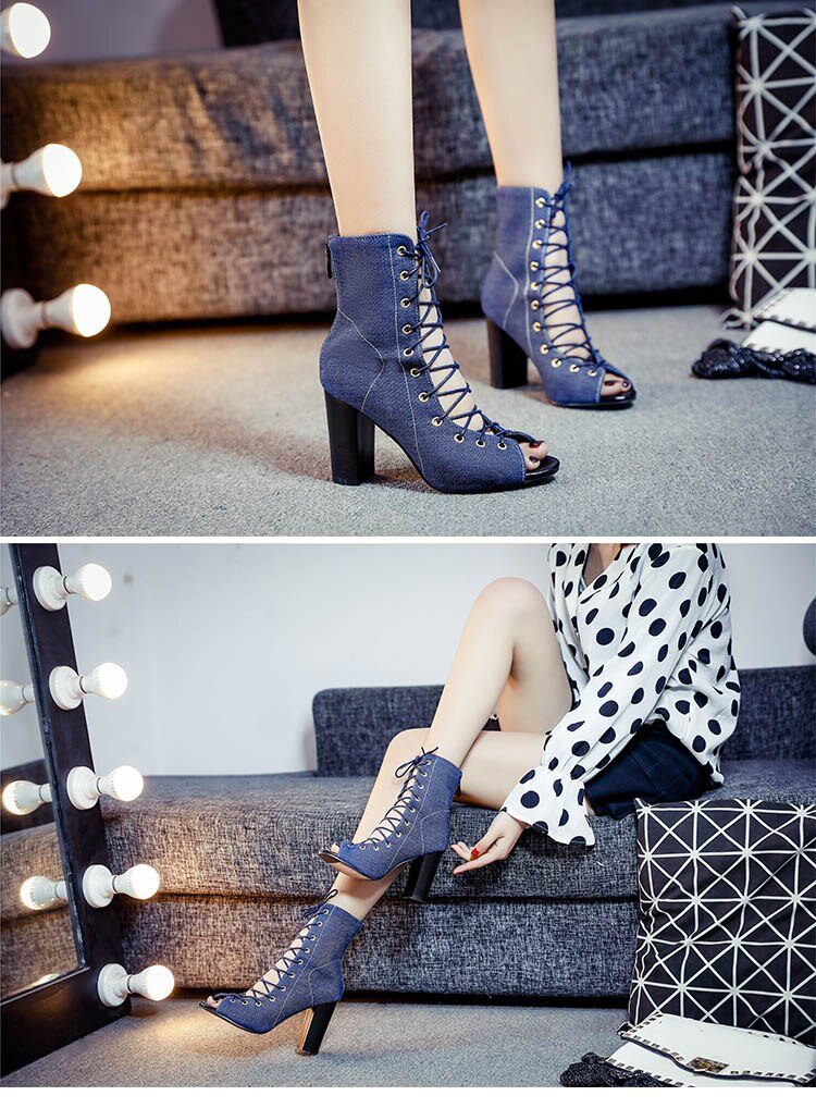 Summer Chic Denim Boots Sandals - Lace-Up Ankle Boots with Peep Toe Design