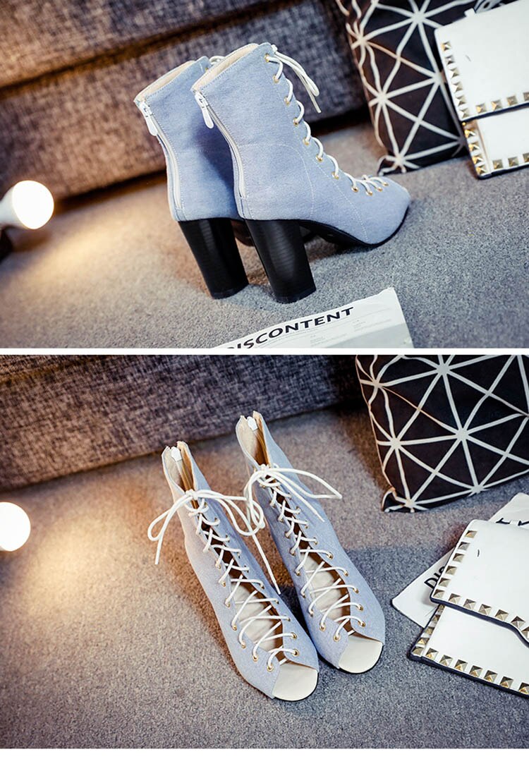 Summer Chic Denim Boots Sandals - Lace-Up Ankle Boots with Peep Toe Design