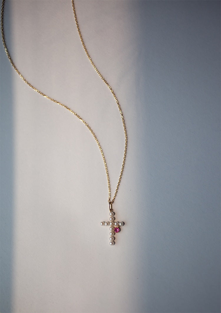 925 Sterling Silver Pearl Zircon cable chain Inlay Cross Pendant Necklace