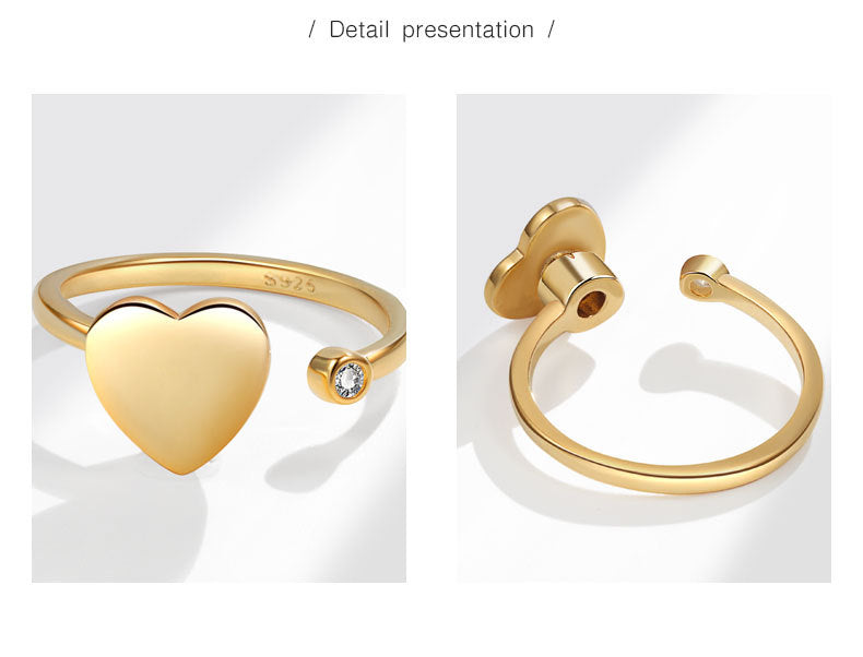 18K Gold Plated 925 Sterling Silver Zircon Heart Shape Open Rings Anxiety Ring 925 Sterling Silver Rings