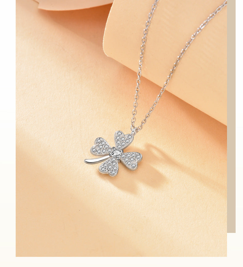 925 Sterling Silver Zircon cable chain Inlay Four Leaf Clover Pendant Necklace