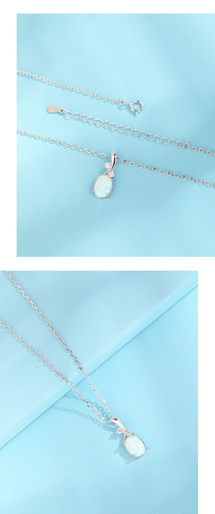 925 Sterling Silver Opal Zircon cable chain Inlay Geometric Pendant Necklace