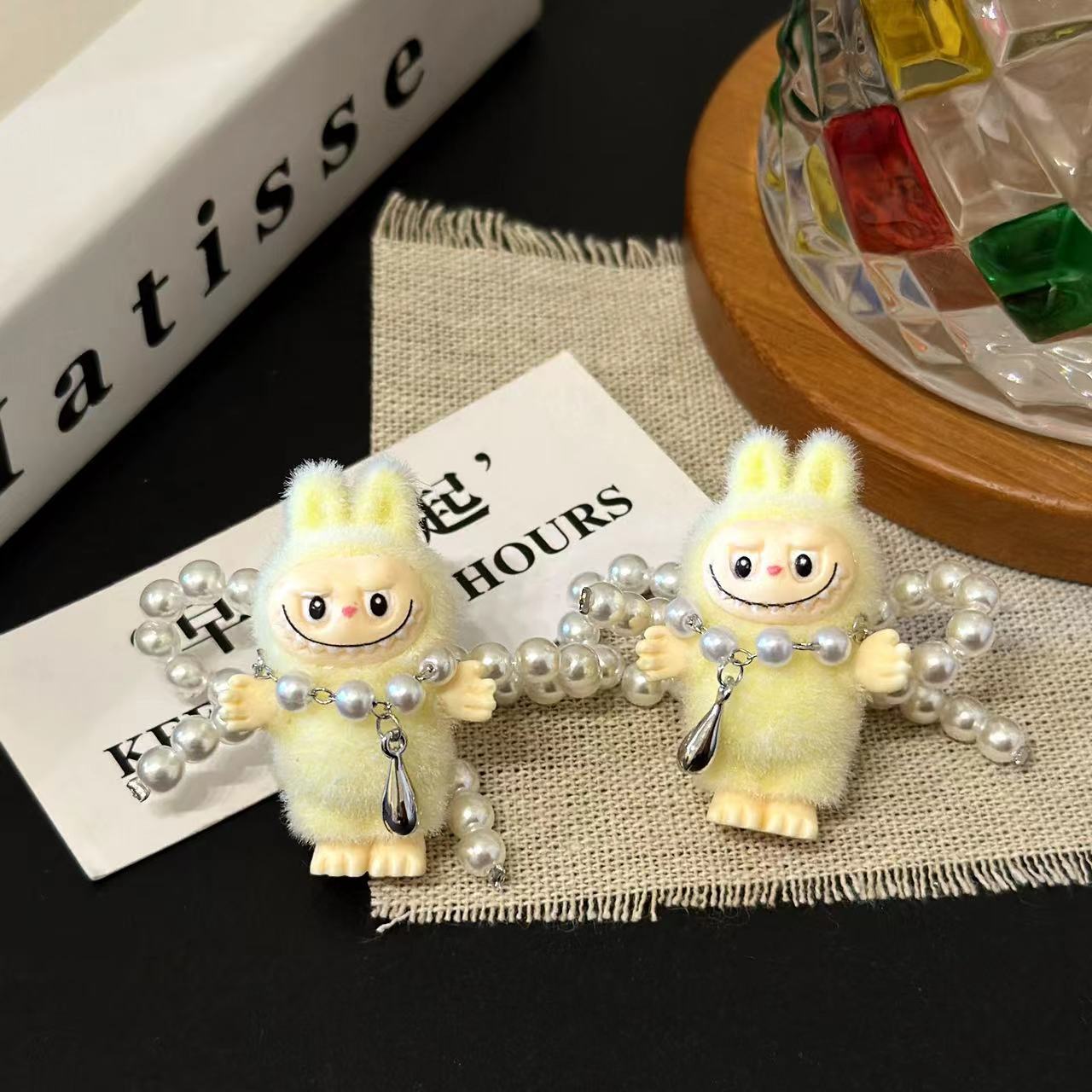 1 Pair Imitation Pearl Flocking 925 Sterling Silver Earrings Cartoon Character Ear Studs