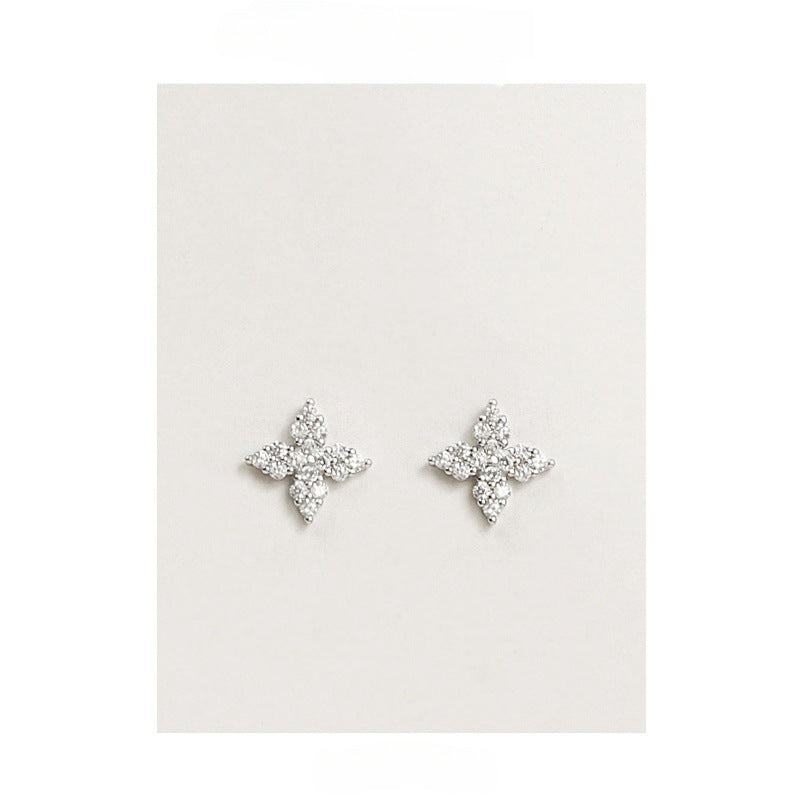 1 Pair 925 Sterling Silver Zircon 925 Sterling Silver Earrings Four Leaf Clover Ear Studs