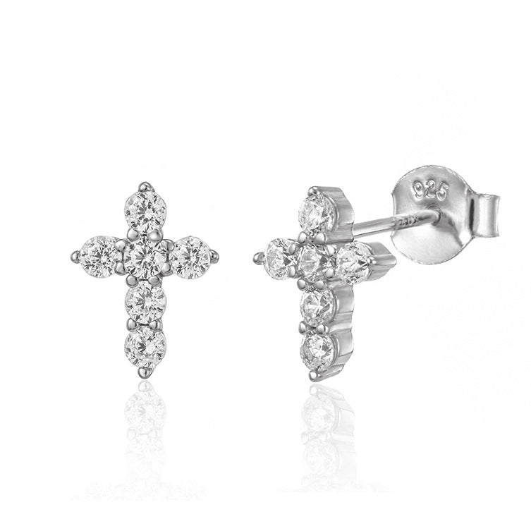 1 Pair 925 Sterling Silver Zircon 925 Sterling Silver Earrings Cross Ear Studs