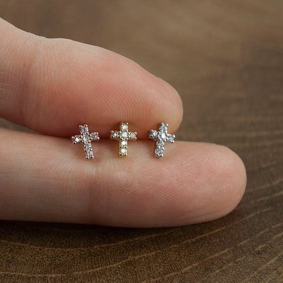 1 Pair 925 Sterling Silver Zircon 925 Sterling Silver Earrings Cross Ear Studs