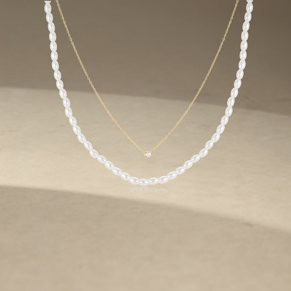 925 Sterling Silver Plastic Beads Zircon Beaded Chain cable chain Plating Geometric Double Layer Necklaces