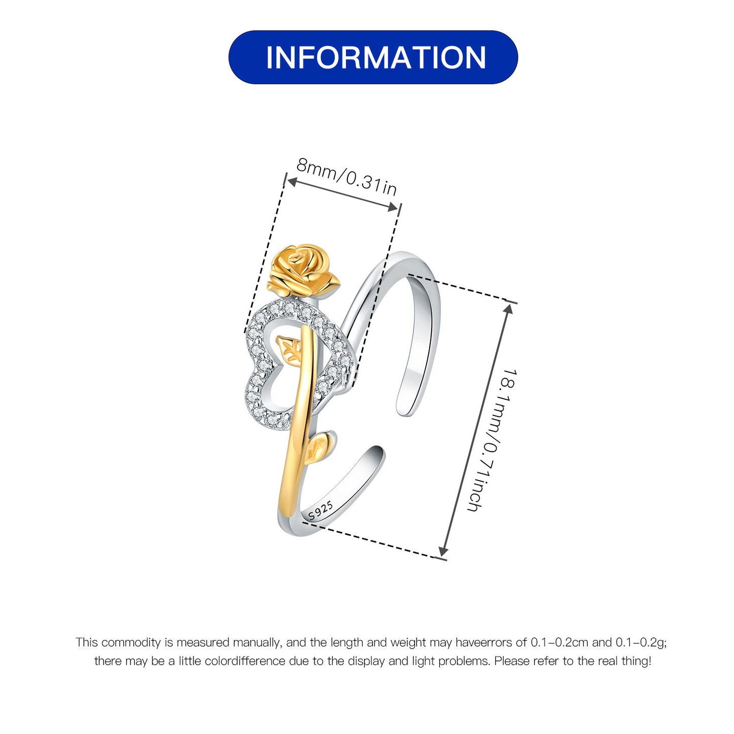 925 Sterling Silver Zircon Heart Shape Open Rings 925 Sterling Silver Rings