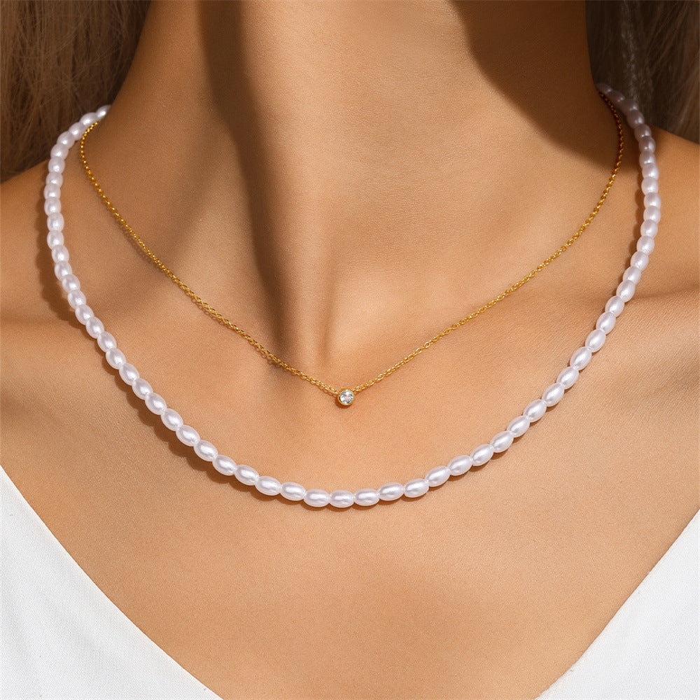 925 Sterling Silver Plastic Beads Zircon Beaded Chain cable chain Plating Geometric Double Layer Necklaces