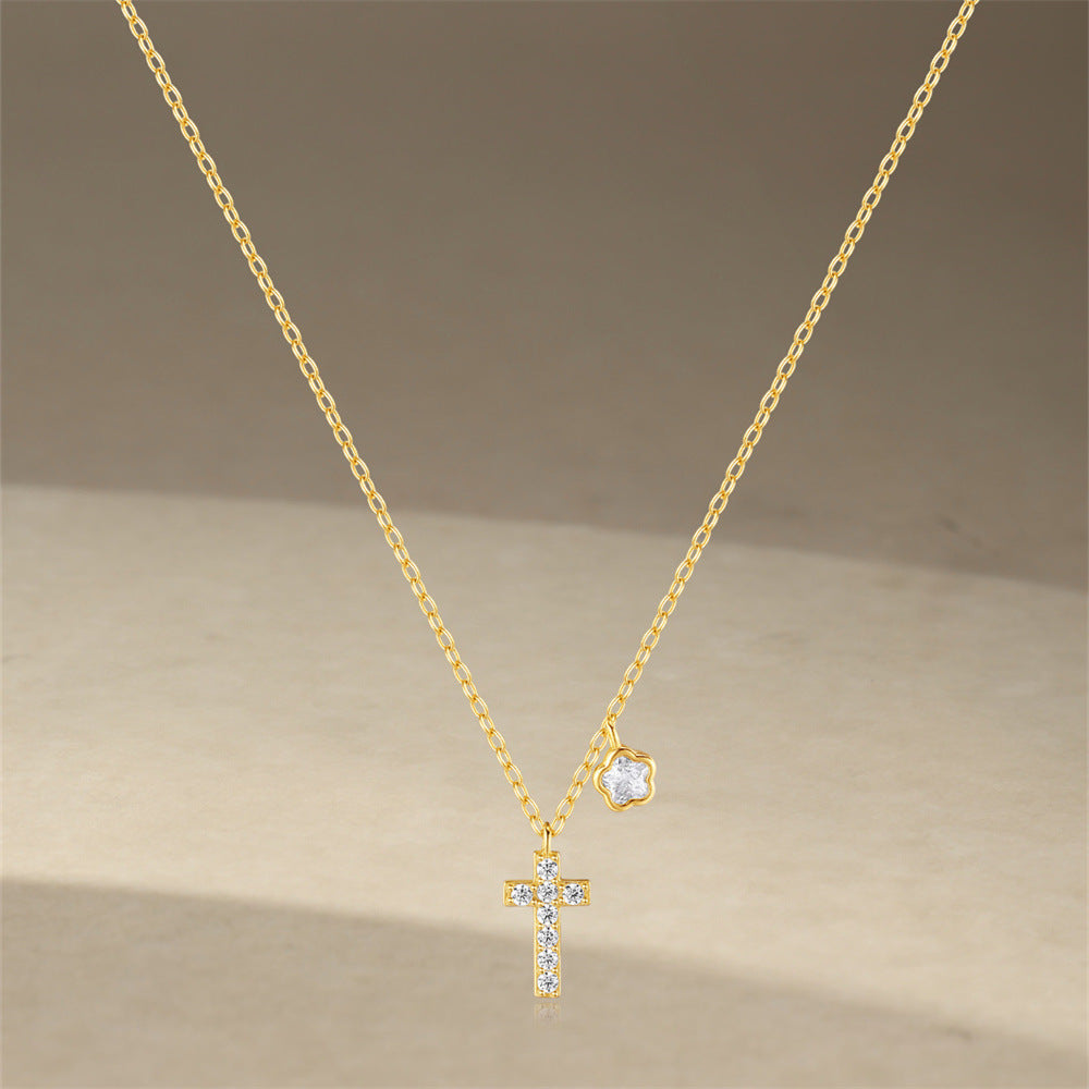 925 Sterling Silver Zircon cable chain Plating Cross Flower Multi Charms Necklace