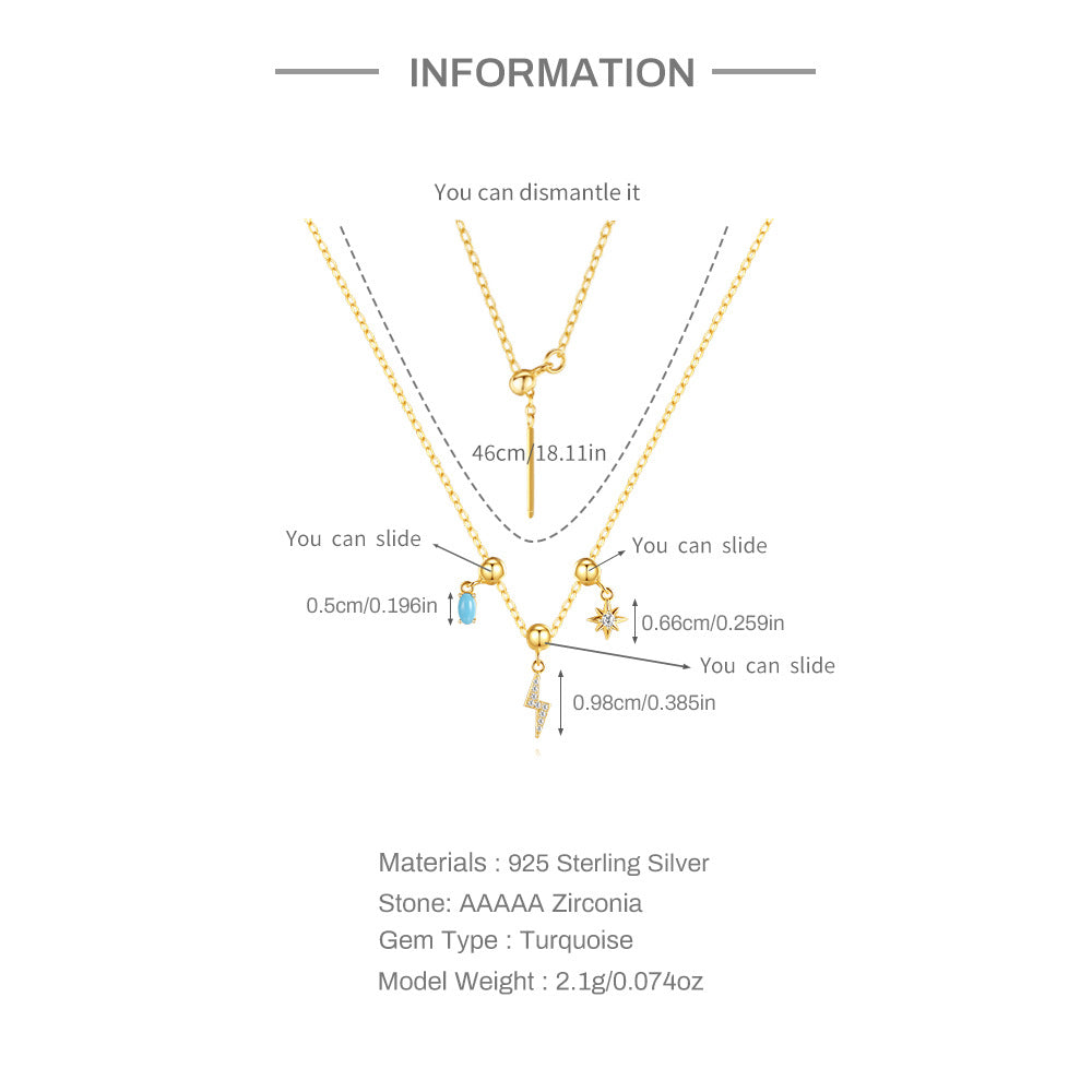 925 Sterling Silver Turquoise Zircon cable chain Plating Geometric Heart Shape Bow Knot Pendant Necklace