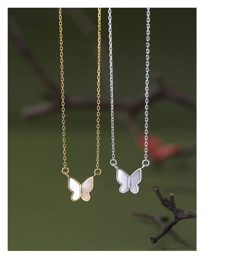 925 Sterling Silver White shell cable chain Plating Butterfly Pendant Necklace