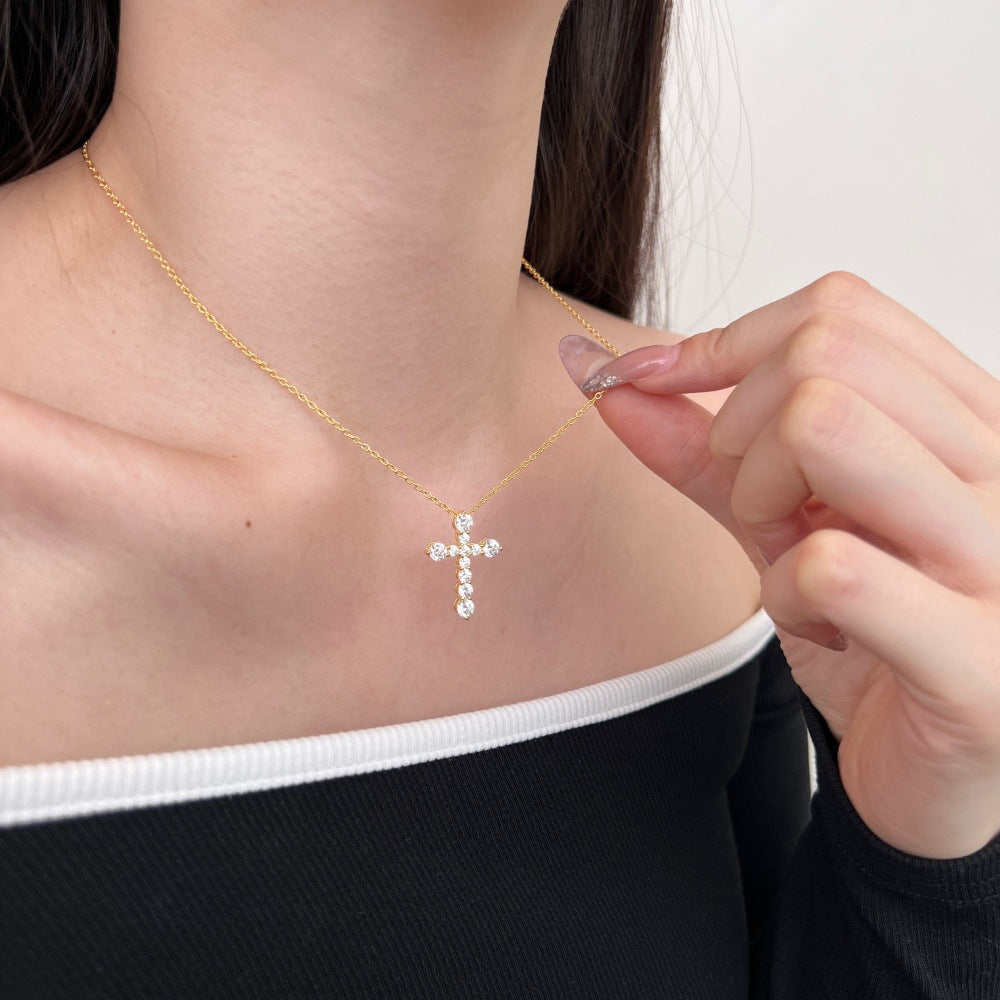 925 Sterling Silver Zircon cable chain Plating Cross Pendant Necklace