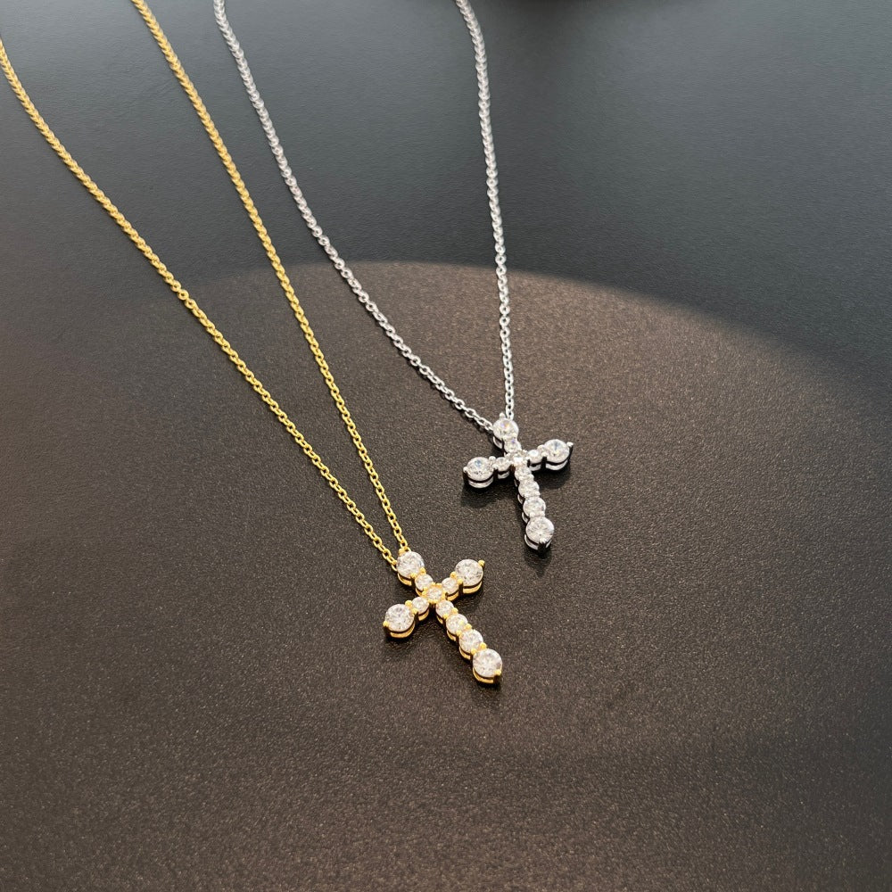 925 Sterling Silver Zircon cable chain Plating Cross Pendant Necklace