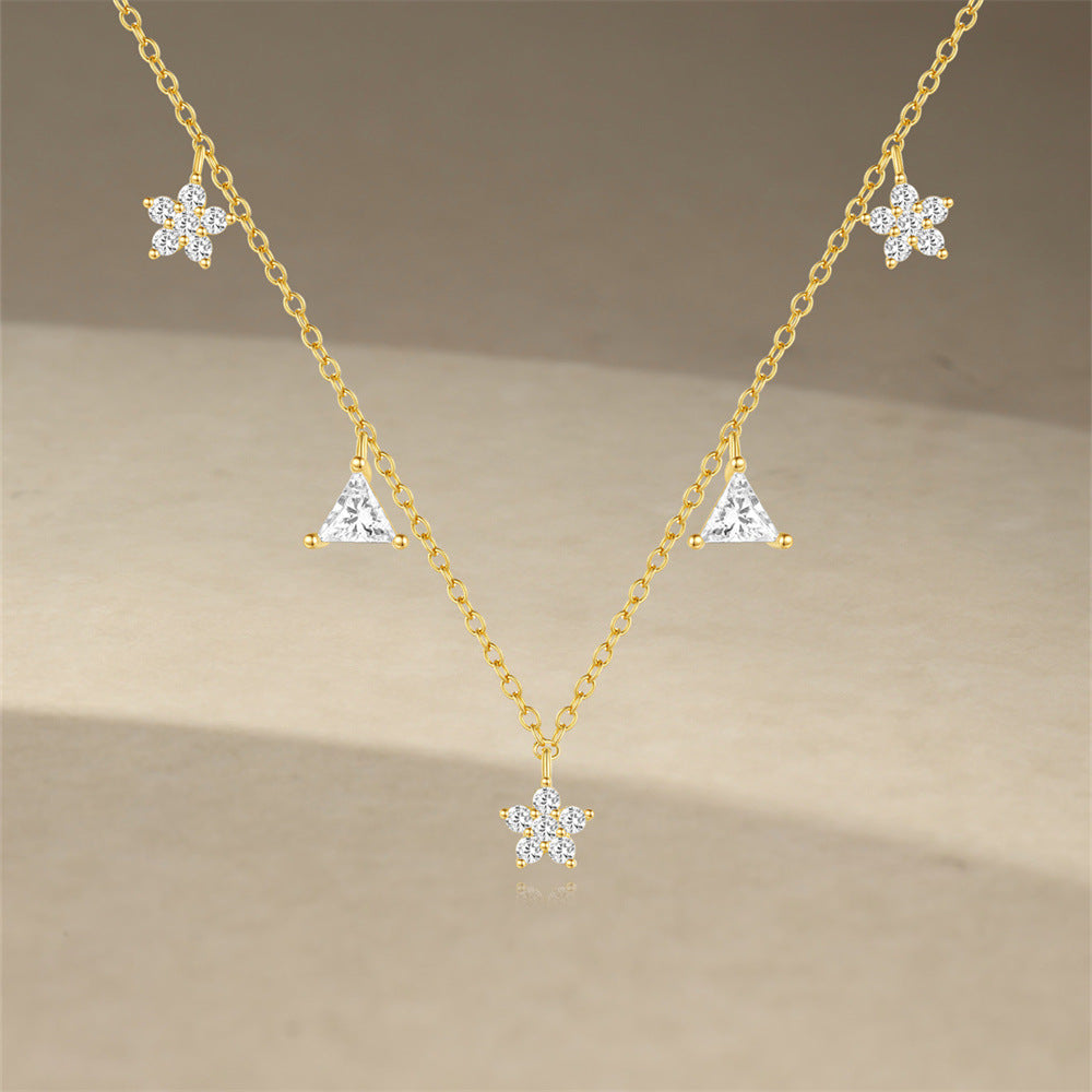 925 Sterling Silver Zircon cable chain Plating Triangle Flower Multi Charms Necklace