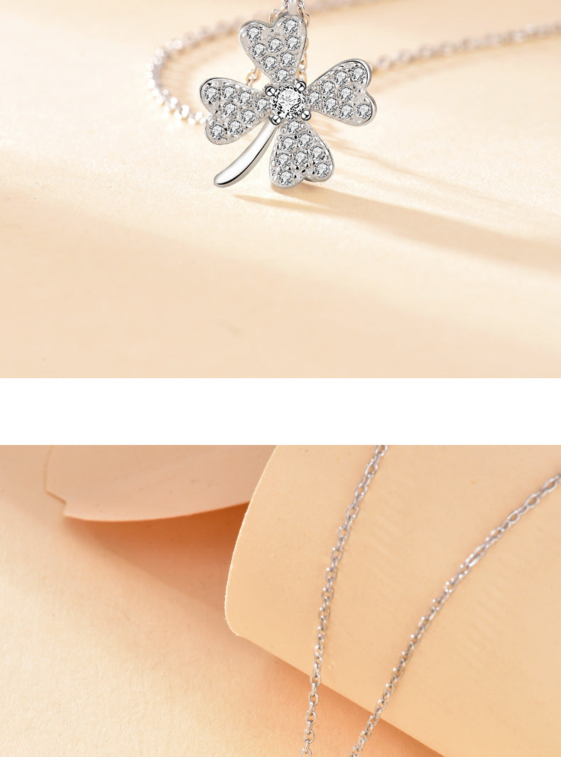 925 Sterling Silver Zircon cable chain Inlay Four Leaf Clover Pendant Necklace