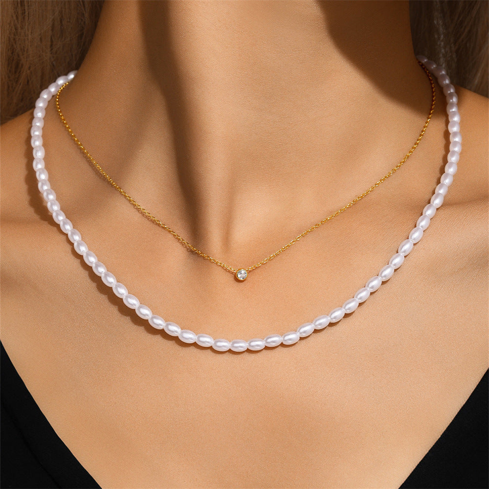 925 Sterling Silver Plastic Beads Zircon Beaded Chain cable chain Plating Geometric Double Layer Necklaces