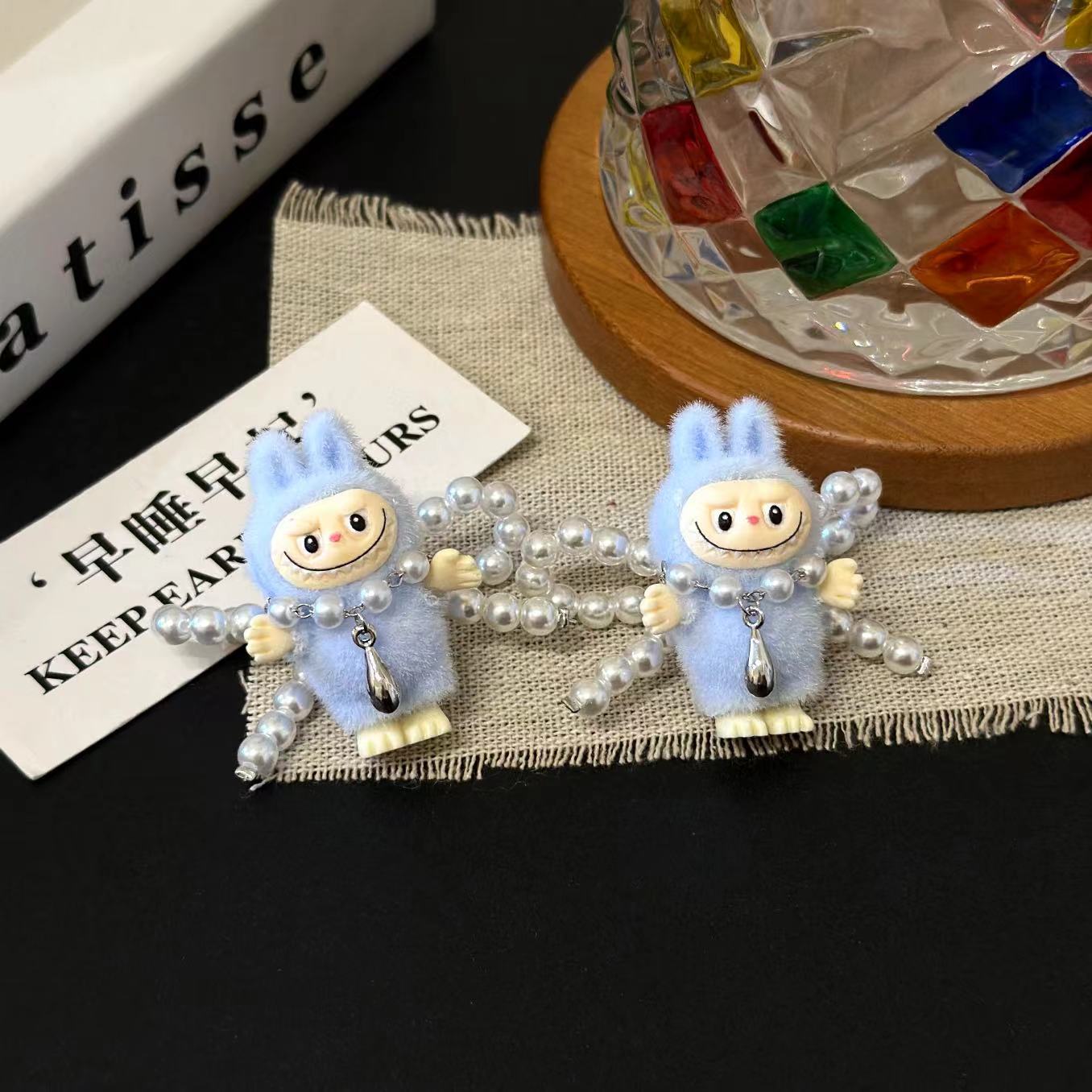 1 Pair Imitation Pearl Flocking 925 Sterling Silver Earrings Cartoon Character Ear Studs