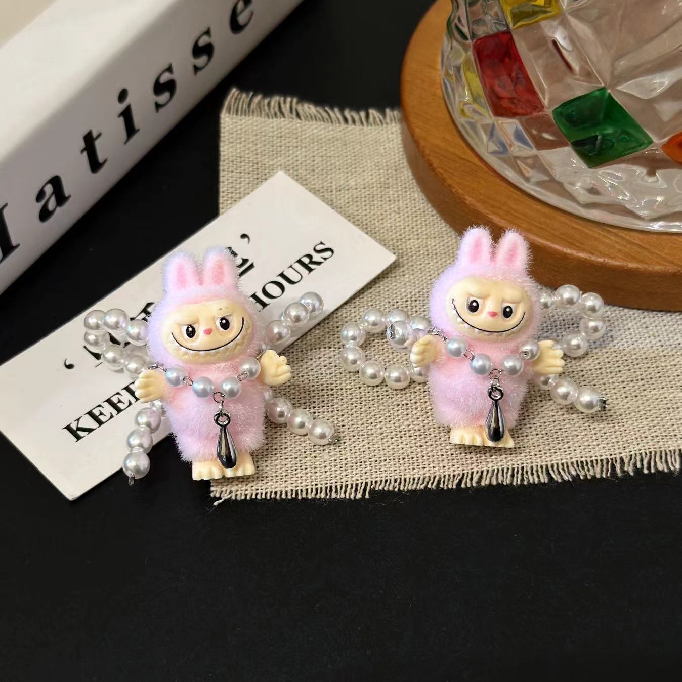 1 Pair Imitation Pearl Flocking 925 Sterling Silver Earrings Cartoon Character Ear Studs