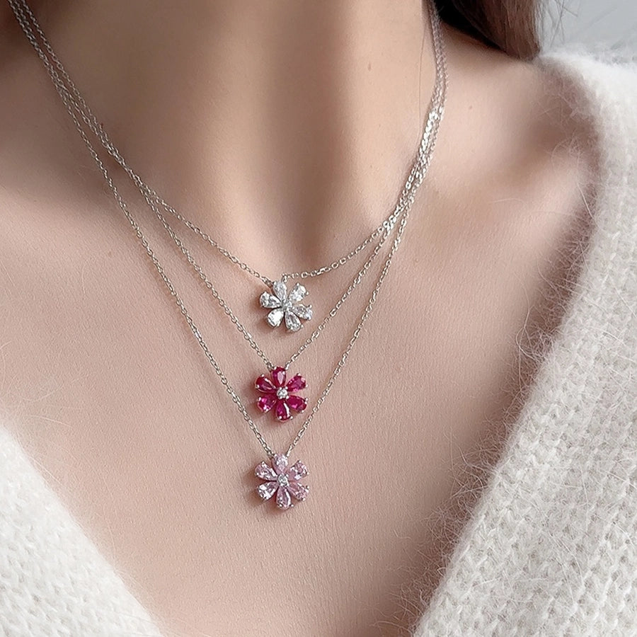 925 Sterling Silver Zircon cable chain Flower Pendant Necklace