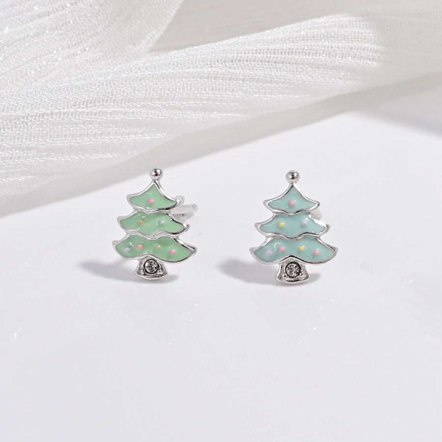 1 Pair 22K Gold Plated Rhodium Plated 925 Sterling Silver Zircon 925 Sterling Silver Earrings Christmas Tree Christmas Hat Fruit Ear Studs