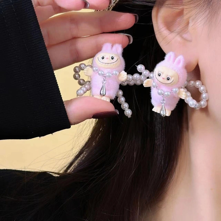 1 Pair Imitation Pearl Flocking 925 Sterling Silver Earrings Cartoon Character Ear Studs