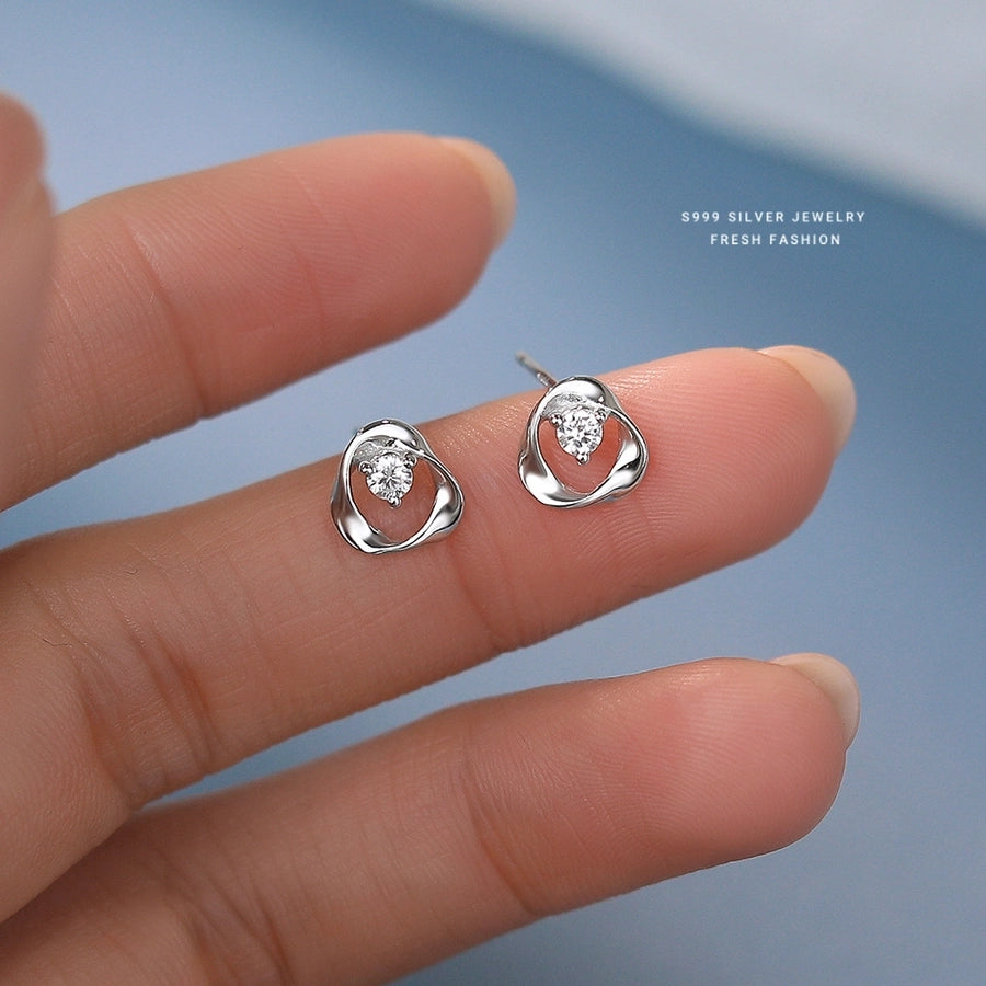 1 Pair S999 Silver Zircon 925 Sterling Silver Earrings Geometric Ear Studs