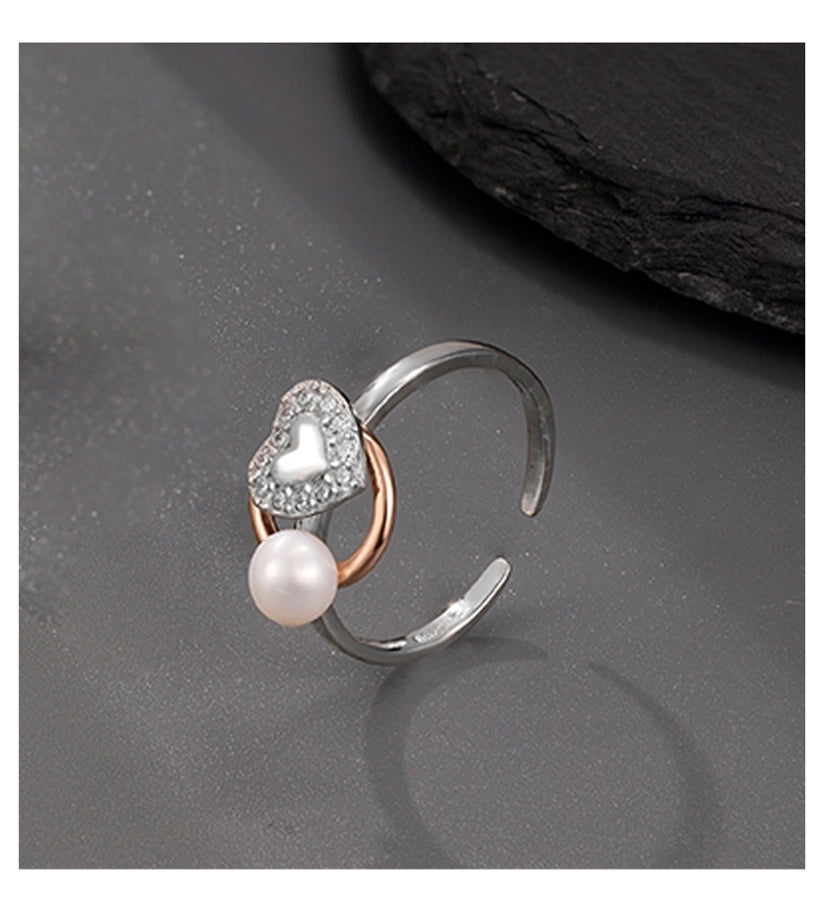 Rose Gold Plated White Gold Plated 925 Sterling Silver Pearl Zircon Heart Shape Open Rings 925 Sterling Silver Rings