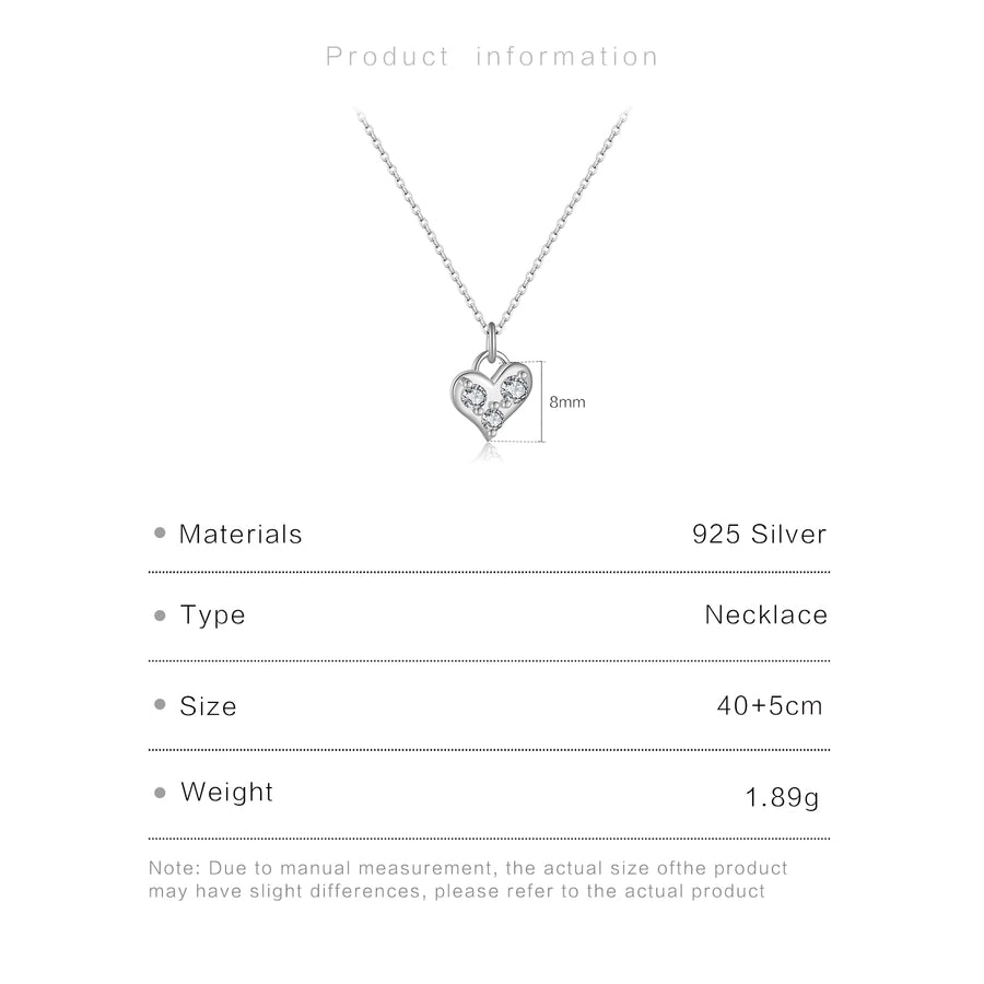 925 Sterling Silver Zircon cable chain Heart Shape Pendant Necklace